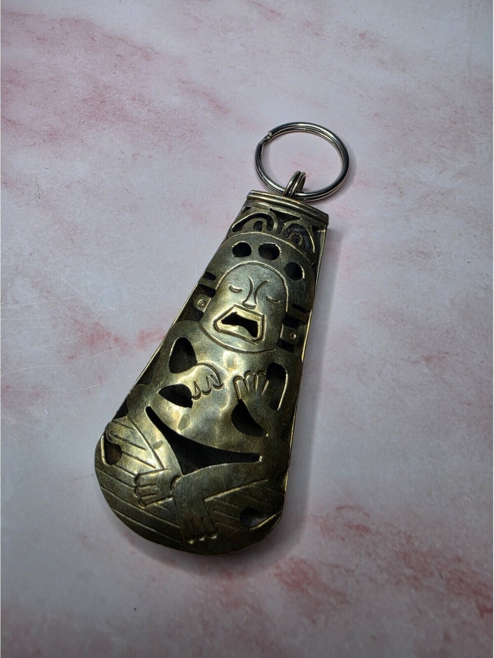 Vintage Brass Mexico Aztec Mayan Warrior Idol Shoehorn Keychain Fob Peru